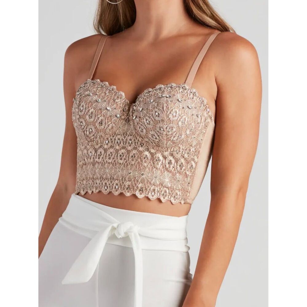 Windsor Embellished Lace Bustier Crop Top Nude Size Large